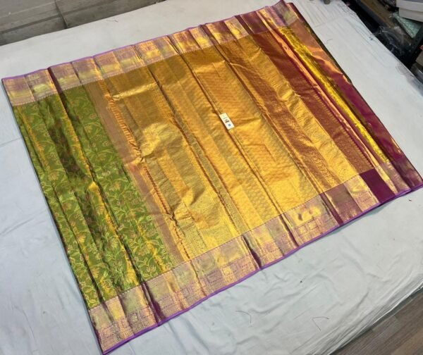 Royal Gold Zari Silk Saree with Green Brocade Panel and Purple Temple Border