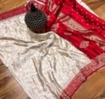 Royal Red & White Gaji Satin Silk Saree with Elegant Gold Zari Border