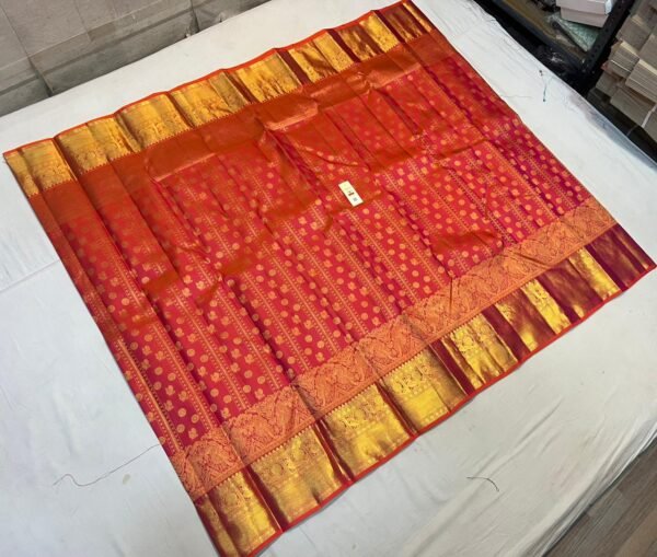Coral Red and Rani Pink Gold Zari Silk Saree with Butta Body and Grand Temple Border