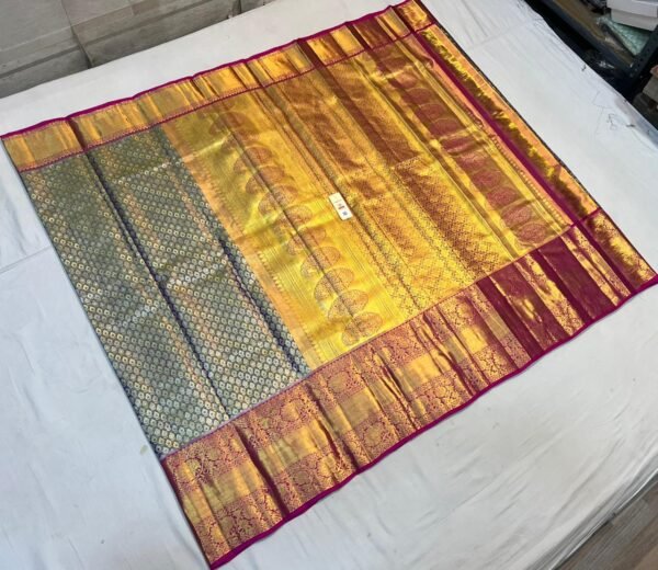 Steel Grey and Antique Gold Zari Silk Saree with Ornate Brocade Pallu and Maroon Border