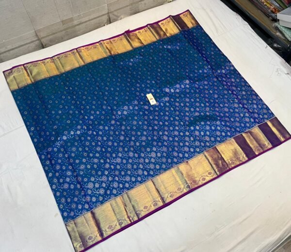 Royal Blue and Plum Silk Saree with Gold Zari Floral Weave and Broad Traditional Border