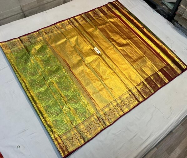 Rich Gold Zari Silk Saree with Parrot Green Floral Pallu and Maroon Temple Border