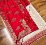 Royal Red & White Gaji Satin Silk Saree with Elegant Gold Zari Border