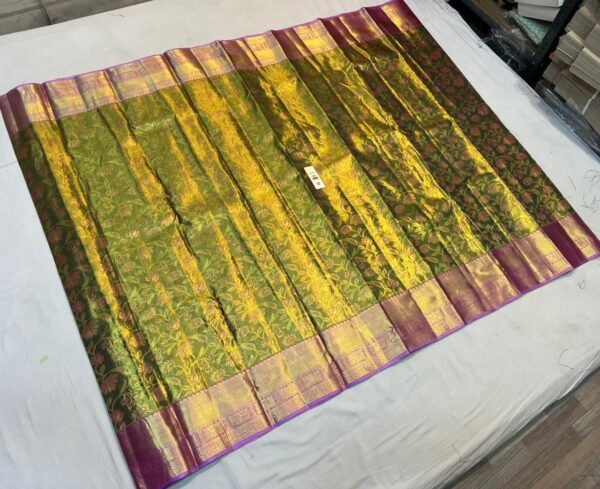 Royal Gold Zari Silk Saree with Green Brocade Panel and Purple Temple Border