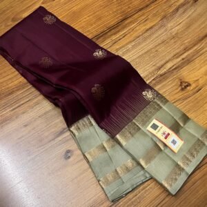 Regal Wine Silk Saree with Antique Gold Zari & Sage Green Border