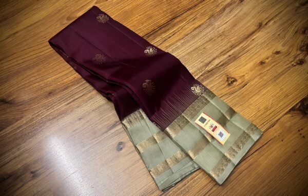 Regal Wine Silk Saree with Antique Gold Zari & Sage Green Border