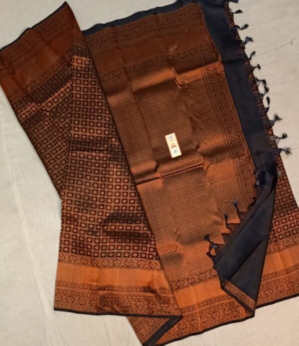 Classic Black Pure Silk Saree with Copper-Gold Zari Weave & Rich Border