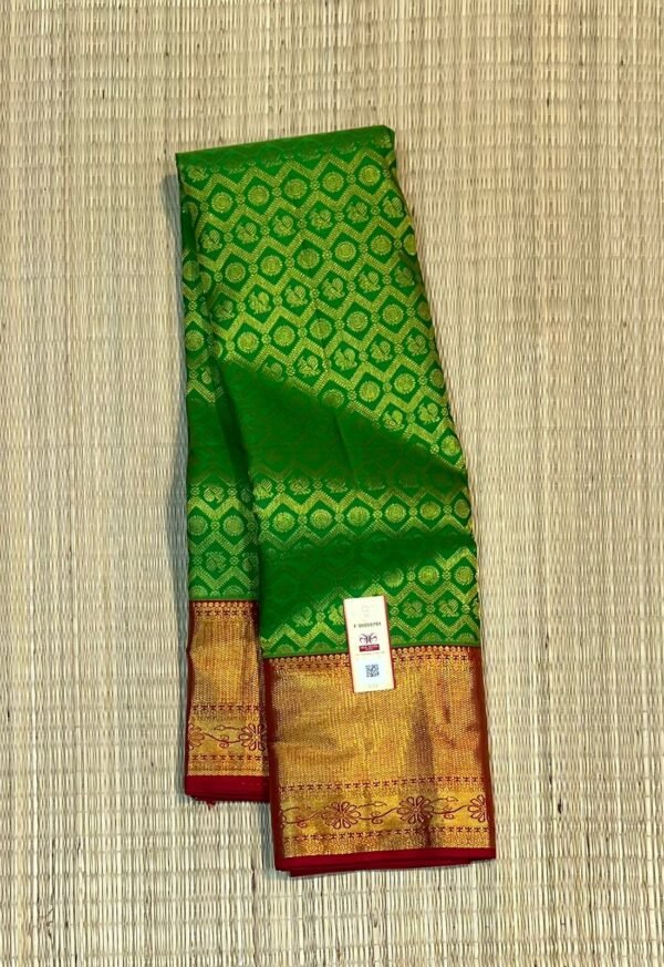 Green and Maroon Gold Zari Silk Saree with Diamond Motif Body and Temple Border