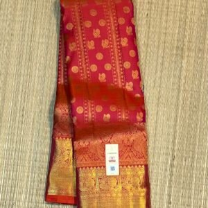 Coral Red and Rani Pink Gold Zari Silk Saree with Butta Body and Grand Temple Border
