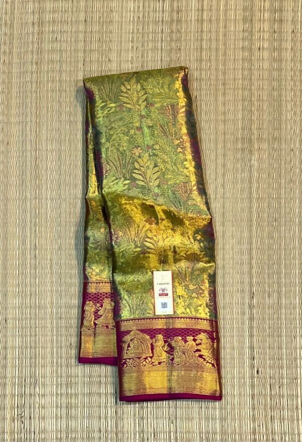 Olive Green and Antique Gold Zari Silk Saree with Rich Pallu and Temple Motif Border