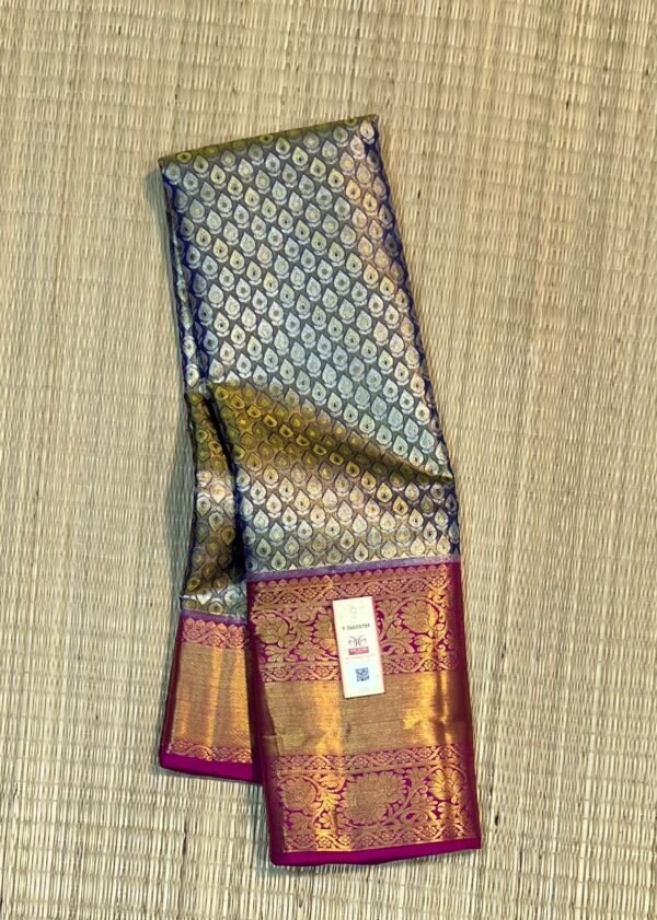 Steel Grey and Antique Gold Zari Silk Saree with Ornate Brocade Pallu and Maroon Border
