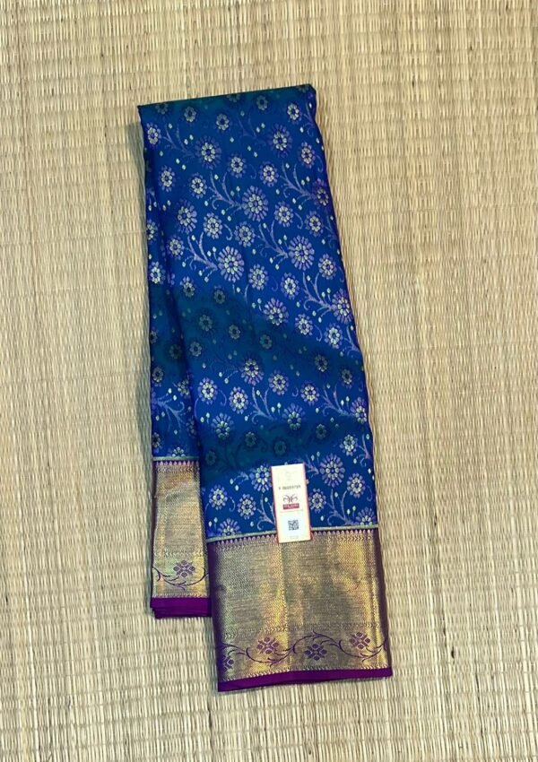 Royal Blue and Plum Silk Saree with Gold Zari Floral Weave and Broad Traditional Border