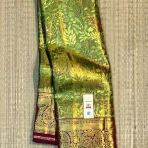 Rich Gold Zari Silk Saree with Parrot Green Floral Pallu and Maroon Temple Border