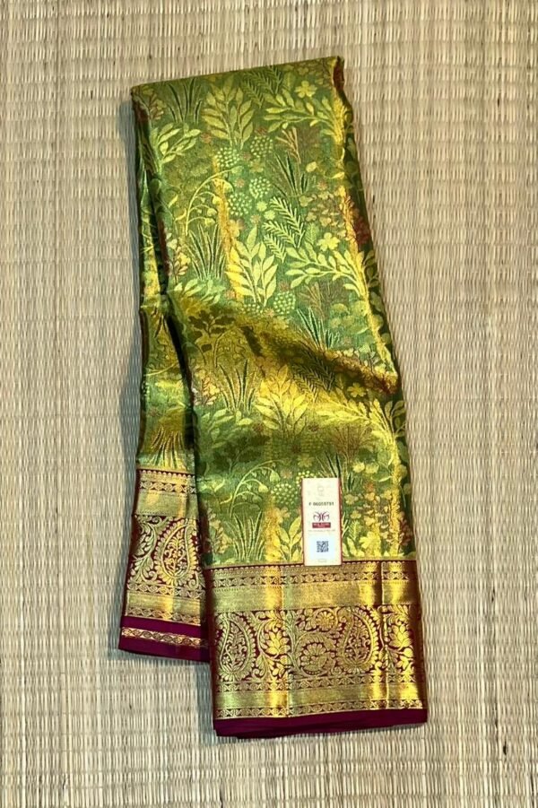 Rich Gold Zari Silk Saree with Parrot Green Floral Pallu and Maroon Temple Border
