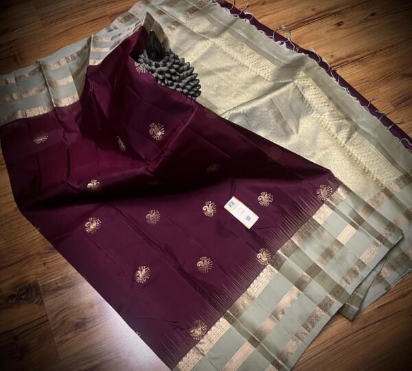 Regal Wine Silk Saree with Antique Gold Zari & Sage Green Border