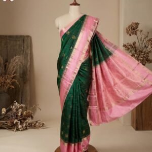Elegant Emerald Green & Baby Pink Silk Saree with Gold Zari Weaving