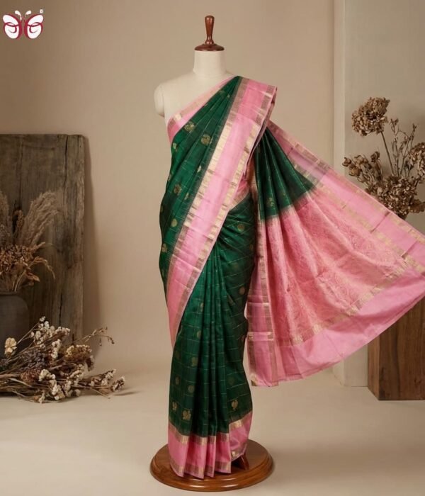 Elegant Emerald Green & Baby Pink Silk Saree with Gold Zari Weaving