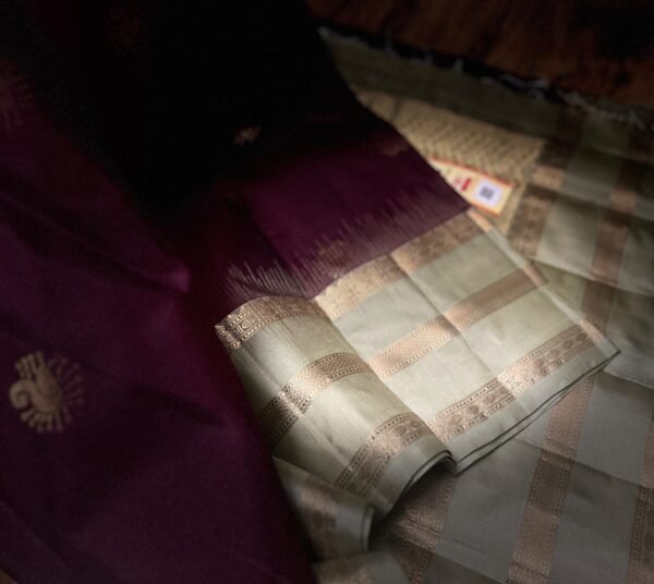 Regal Wine Silk Saree with Antique Gold Zari & Sage Green Border