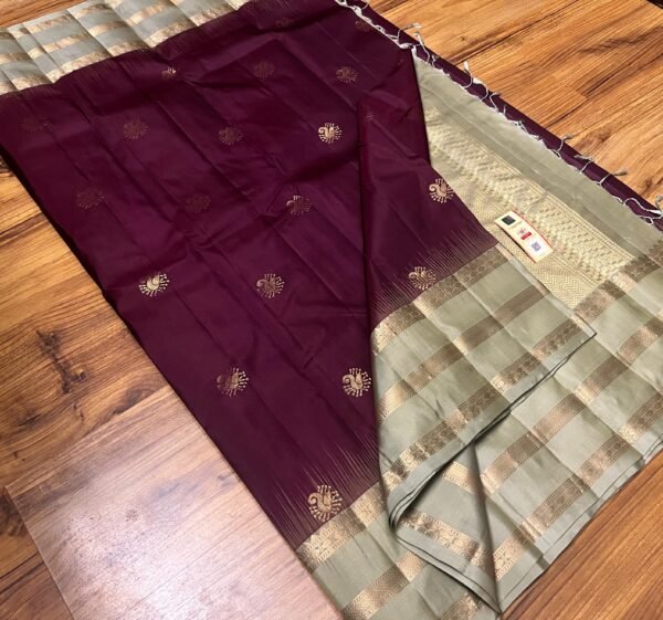 Regal Wine Silk Saree with Antique Gold Zari & Sage Green Border