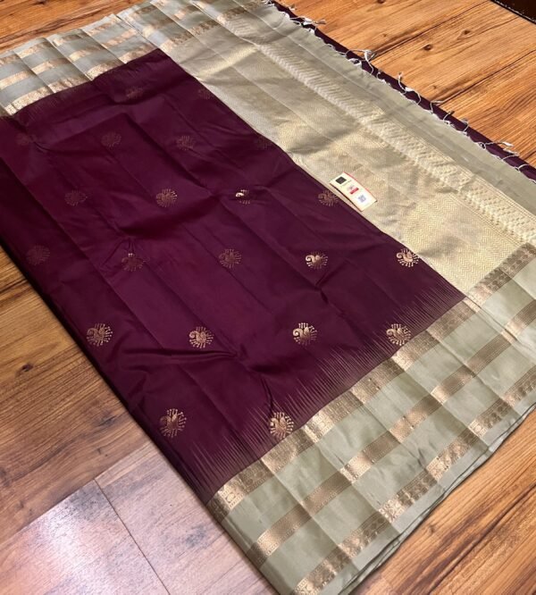 Regal Wine Silk Saree with Antique Gold Zari & Sage Green Border