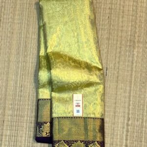 Timeless Gold Zari Silk Saree with Green Undertones and Purple Floral Border
