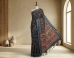 Handcrafted Ajrakh Print Linen Silk Saree in Charcoal Black with Silver zari Borders