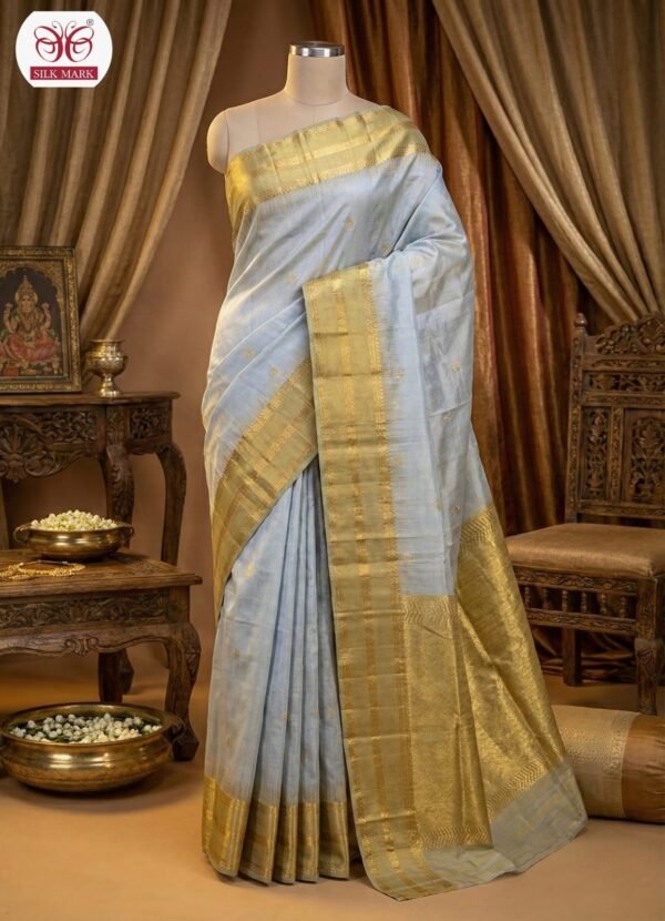 Elegant Silver Grey Silk Saree with Rich Gold Zari Border & Grand Pallu