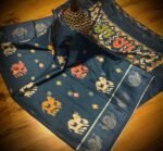 Midnight Teal Satin Saree with Artistic Elephant & Peacock Weave