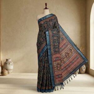 Handcrafted Ajrakh Print Linen Silk Saree in Charcoal Black with Silver zari Borders