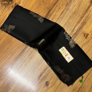 Classic Black Silk Saree with Parrot Green Border & Gold Zari Motifs