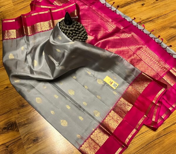 Elegant Grey & Rani Pink Gold Zari Kanjivaram Gap Border Saree