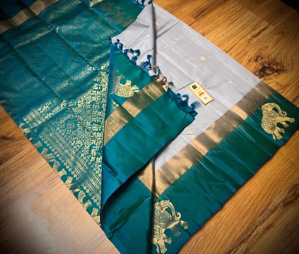 Elegant Silver Grey Silk Saree with Emerald Green Gold Zari Contrast Border