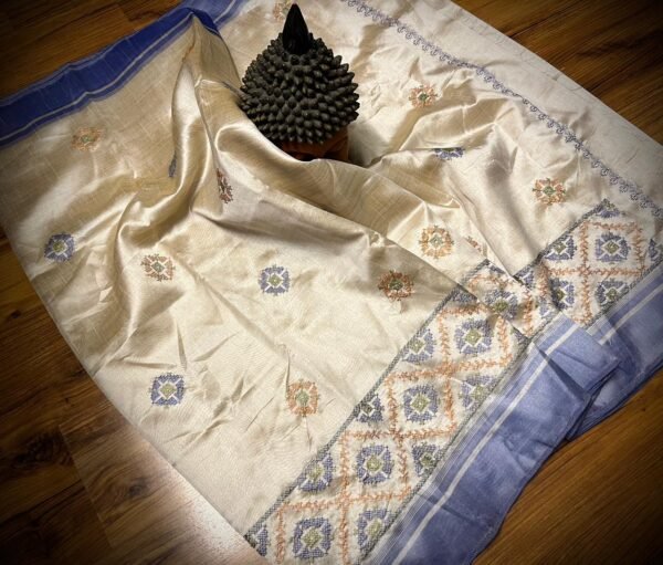 Elegant Ivory Tussar Silk Saree with Pastel Buttas & Blue Border