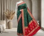 Emerald Green & Royal Red Gaji Satin Silk Saree with Intricate Zari Weaving