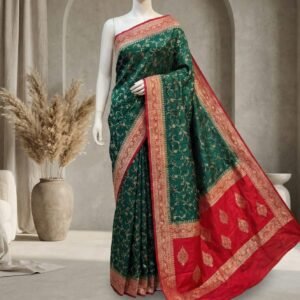 Emerald Green & Royal Red Gaji Satin Silk Saree with Intricate Zari Weaving