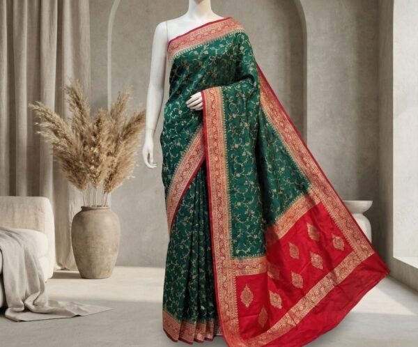 Emerald Green & Royal Red Gaji Satin Silk Saree with Intricate Zari Weaving