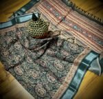 Handcrafted Ajrakh Print Linen Silk Saree in Charcoal Black with Silver zari Borders
