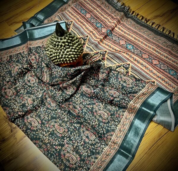 Handcrafted Ajrakh Print Linen Silk Saree in Charcoal Black with Silver zari Borders