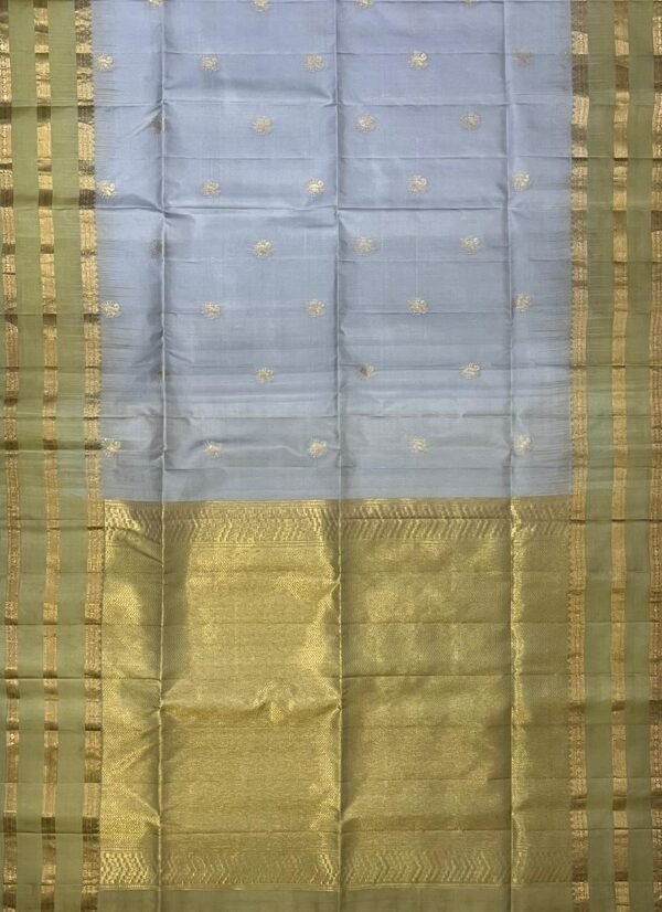 Elegant Silver Grey Silk Saree with Rich Gold Zari Border & Grand Pallu