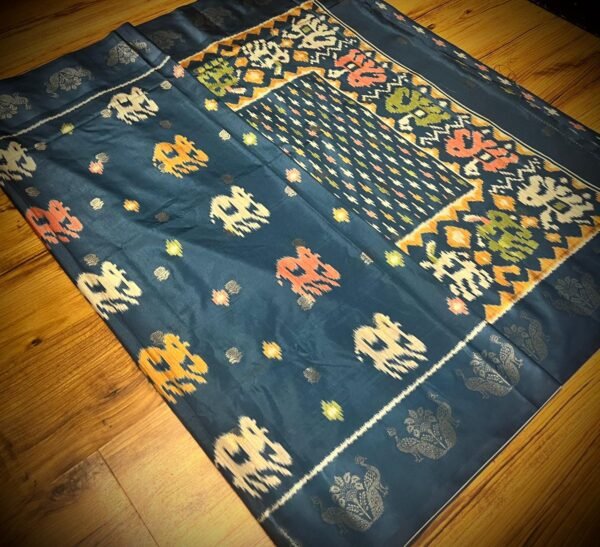 Midnight Teal Satin Saree with Artistic Elephant & Peacock Weave