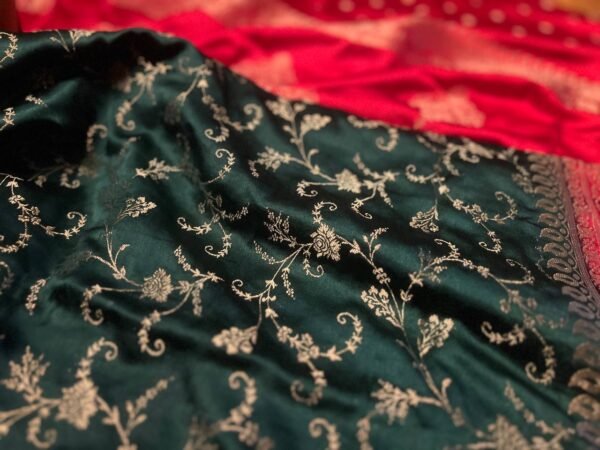 Emerald Green & Royal Red Gaji Satin Silk Saree with Intricate Zari Weaving