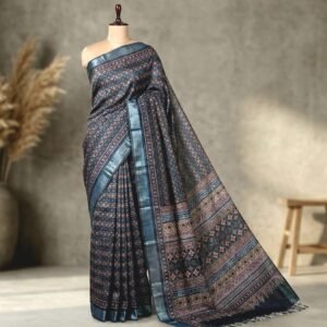 Handcrafted Ajrakh Print Linen Saree in Charcoal Black with Silver Zari Border