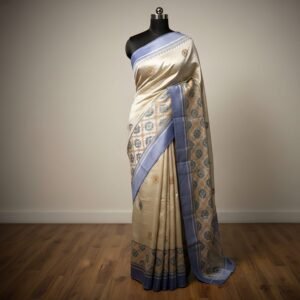 Elegant Ivory Tussar Silk Saree with Pastel Buttas & Blue Border