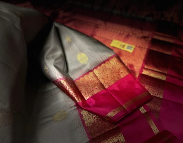 Elegant Grey & Rani Pink Gold Zari Kanjivaram Gap Border Saree