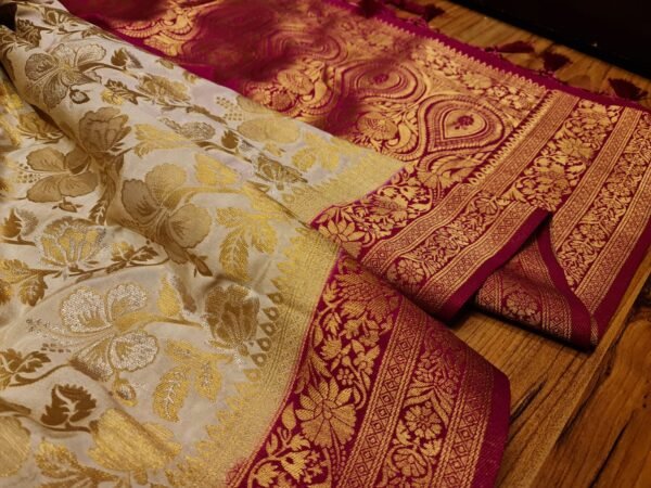 Royal White & Rani Pink Gold Zari Banarasi Silk Saree