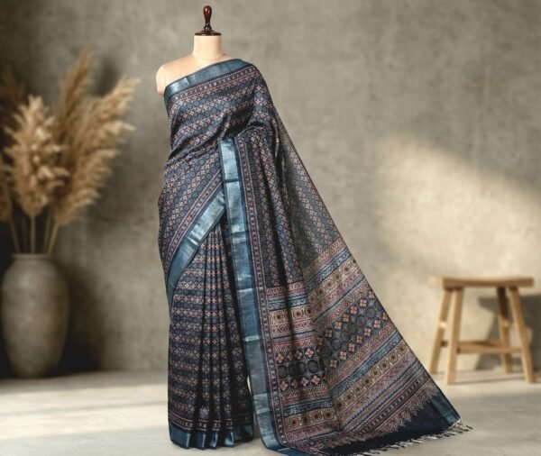 Handcrafted Ajrakh Print Linen Saree in Charcoal Black with Silver Zari Border