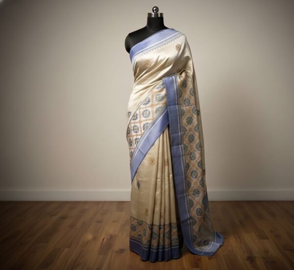 Elegant Ivory Tussar Silk Saree with Pastel Buttas & Blue Border