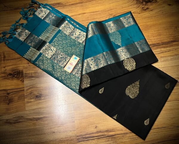 Elegant Black & Teal Silk Saree with Rich Gold Zari Weaving