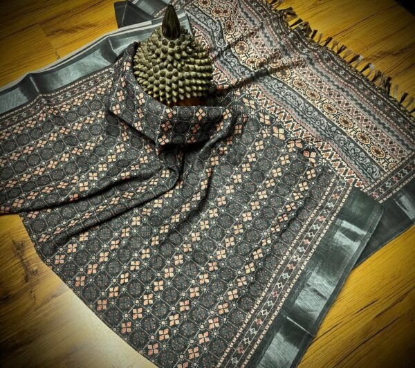 Handcrafted Ajrakh Print Linen Saree in Charcoal Black with Silver Zari Border