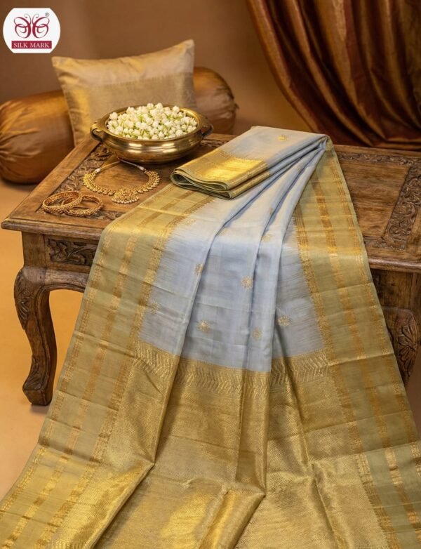 Elegant Silver Grey Silk Saree with Rich Gold Zari Border & Grand Pallu